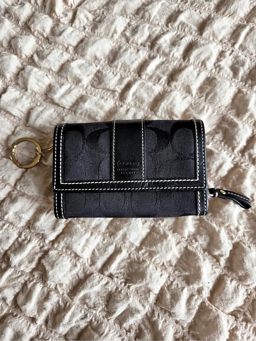 Coach Black Signature Jacquard Canvas Multi-Function Snap Wallet with Key Ring B